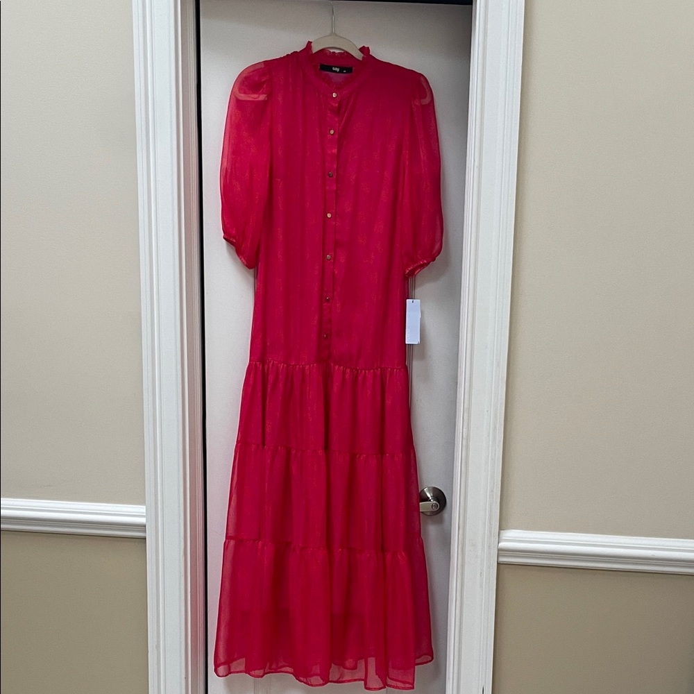 Women’s Puff-Sleeve Button-Front Dress pink orange NWT